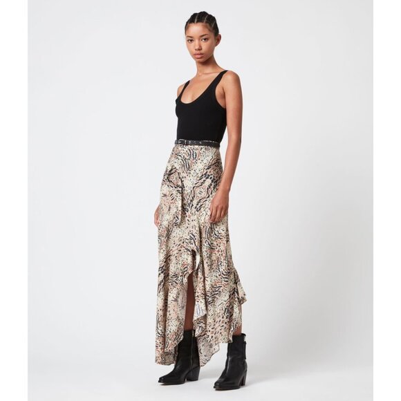 Womens Size 6 ALLSAINTS Raya Arietta Animal Print Ruffled Midi Maxi Skirt - Picture 10 of 10